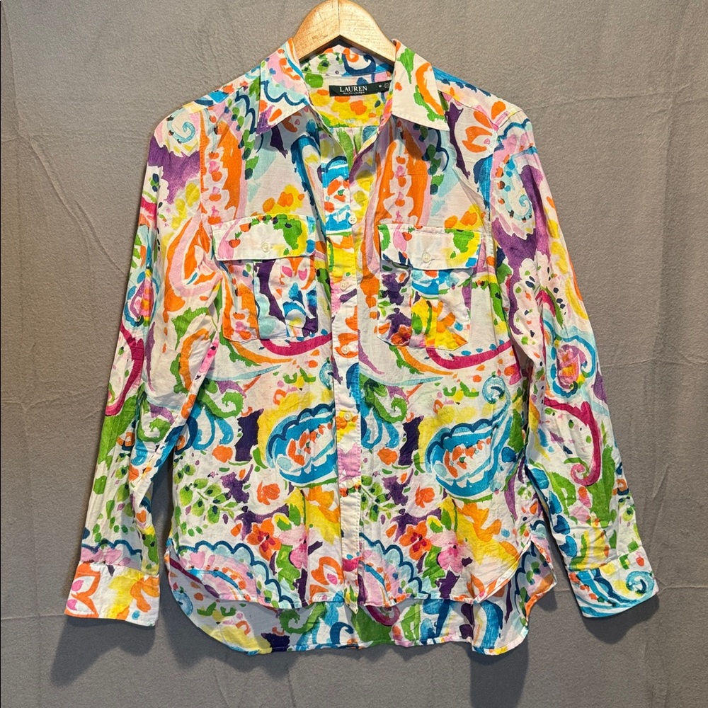 Lauren Ralph Lauren Watercolor Floral Silk Cotton Button Up Shirt Women